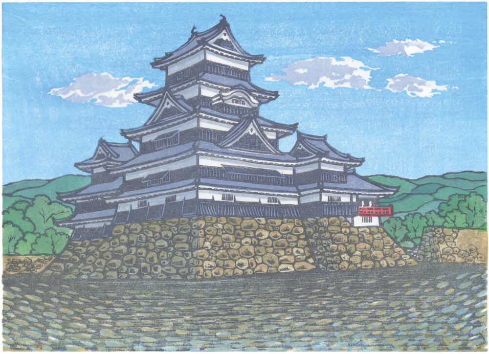 国宝 松本城 「雪の松本城」塩入 久 木版画 - 美術品