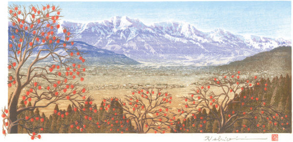 柿熟れる頃（池田／中鵜）爺ヶ岳、鹿島槍、五竜岳